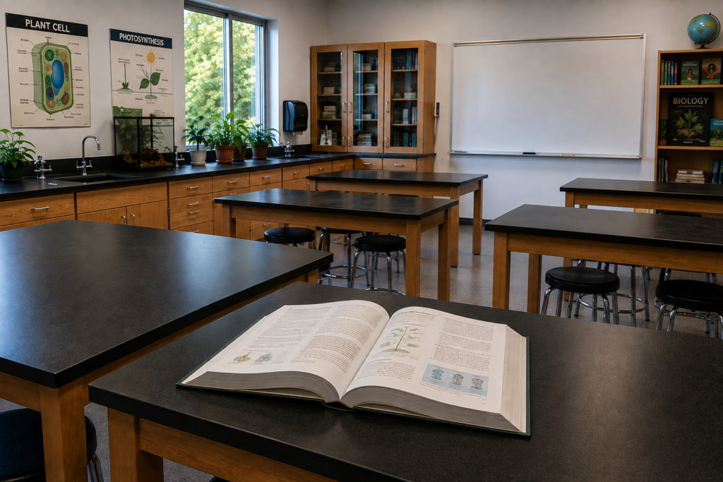 High school biology classroom with lab tables, plants, and an open biology textbook
