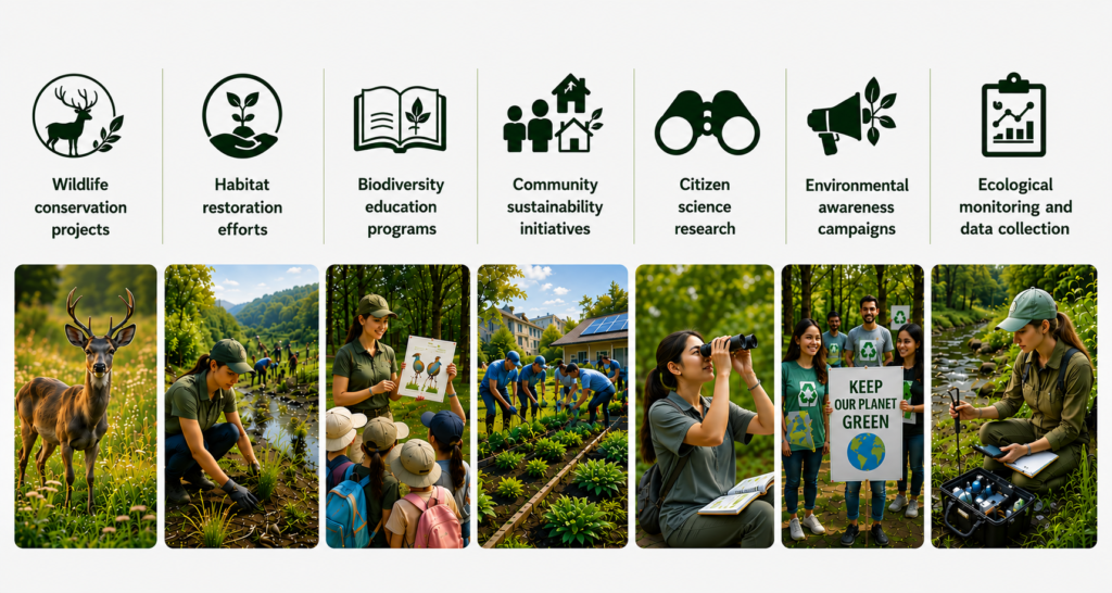 Types of conservation project grants that include wildlife protection, habitat restoration, biodiversity education, and ecological monitoring