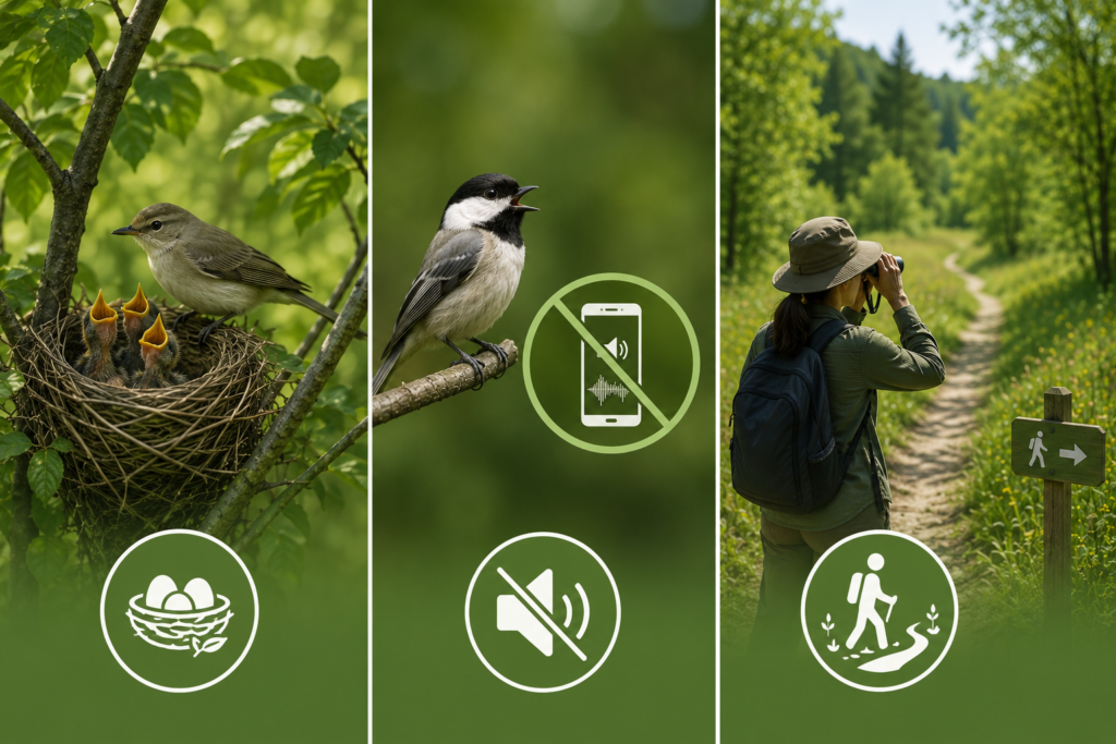 Best practices for bird observation that include protecting nest sites, avoiding bird call playback, and staying on designated trails 