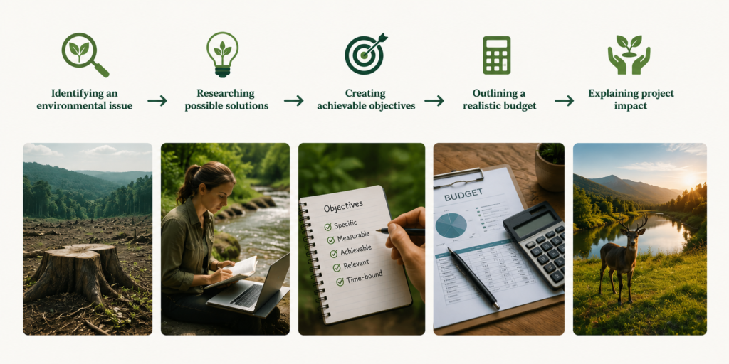 Steps to developing key components of conservation grant proposals including research, objectives, budgeting, and environmental impact