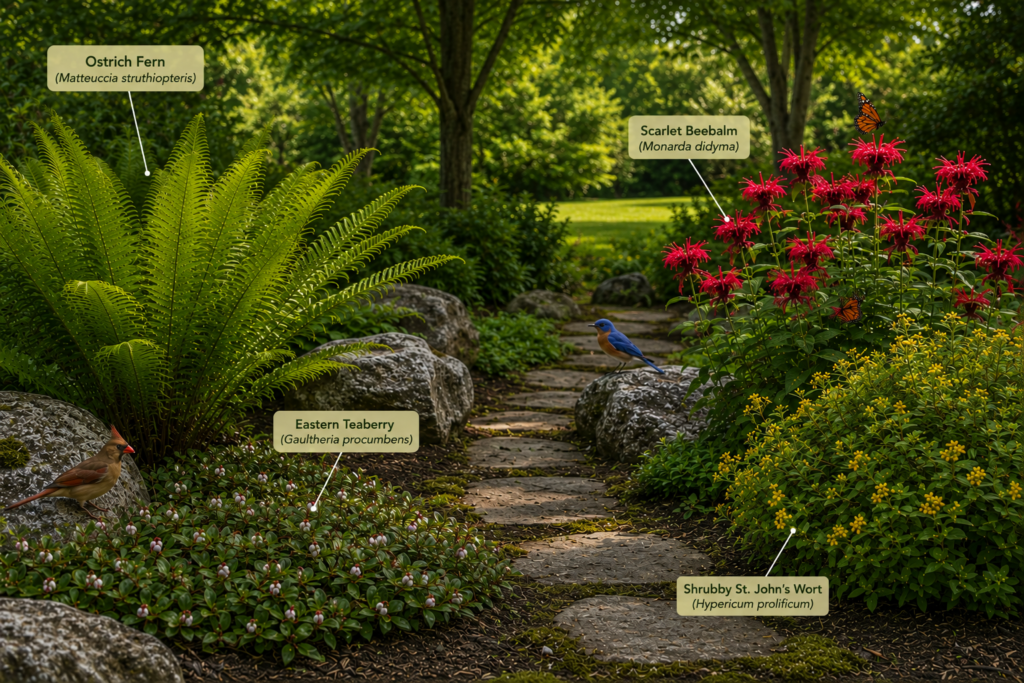Native plants in a Northeastern United States landscaped garden