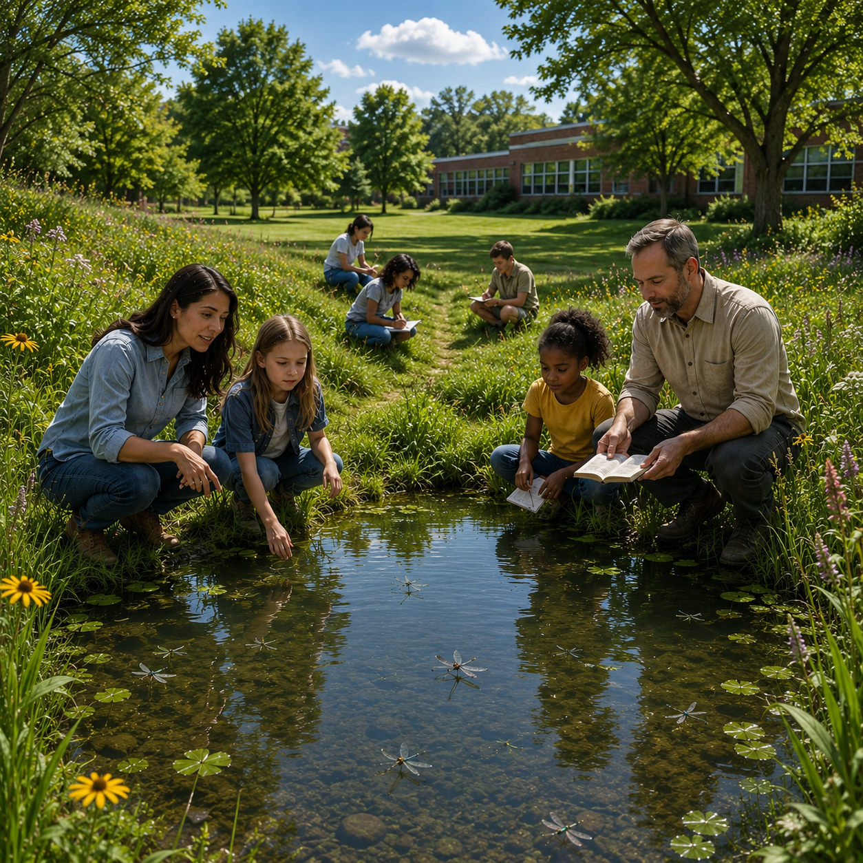 Teachers with students study a school pond ecosystem with dragonflies, aquatic plants, and wildflowers during an outdoor environmental science lesson. 