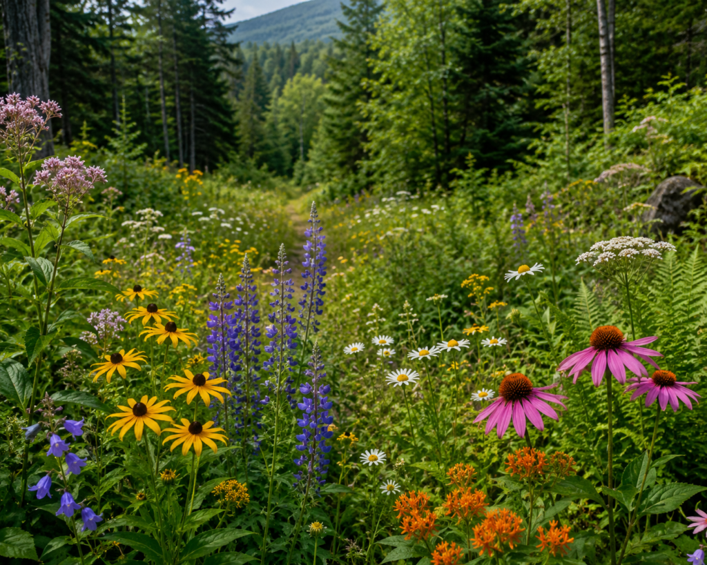 Wildflower meadow in Northeastern United States with diverse native flowers and forest