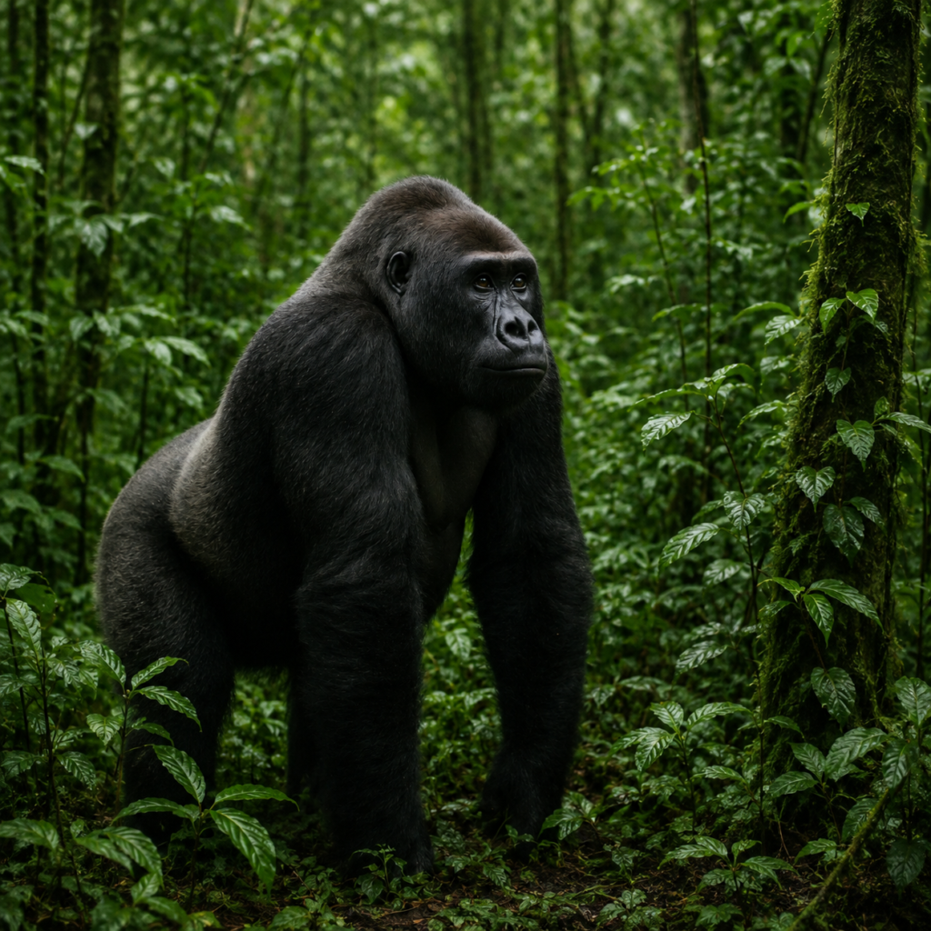Cross River gorilla walking through a dense tropical rainforest, emphasizing one of the world's most endangered great apes. 