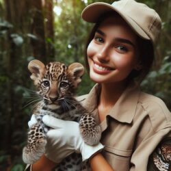 person working as an intern or volunteer in an exotic feline rescue center for wildlife conservation
