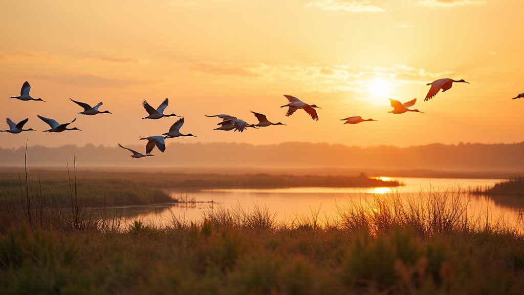 Colorful flock of migratory birds flying over wetlands with sunrise in the background