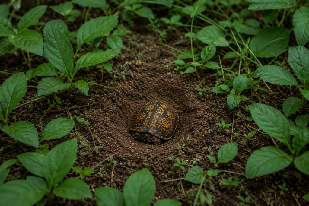 Ornate box turtle (Terrapene ornata) nestled in a shallow soil pocket surrounded by green woodland vegetation, displaying its distinctive orange-yellow patterned shell in New Jersey