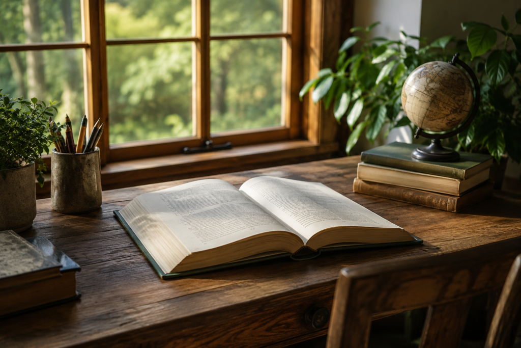 Open book on a wooden desk near a classroom window representing environmental literature for conservation education.