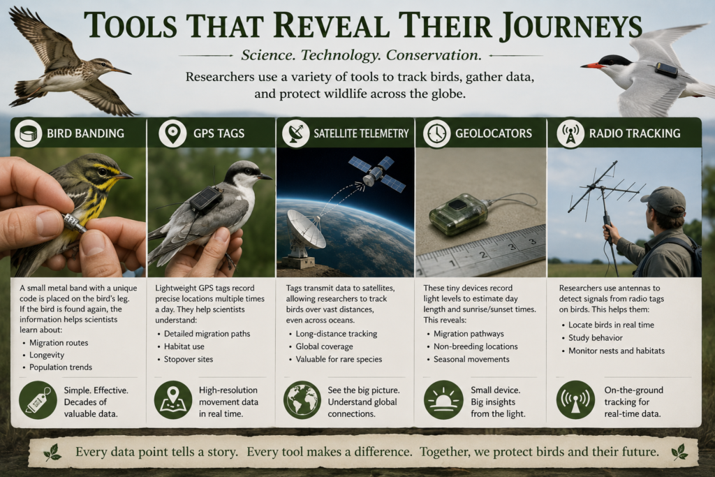 Scientific bird tracking tools including bird banding, GPS tags, satellite telemetry, geolocators, and radio tracking used by researchers to study bird migration, monitor wildlife, and support conservation.