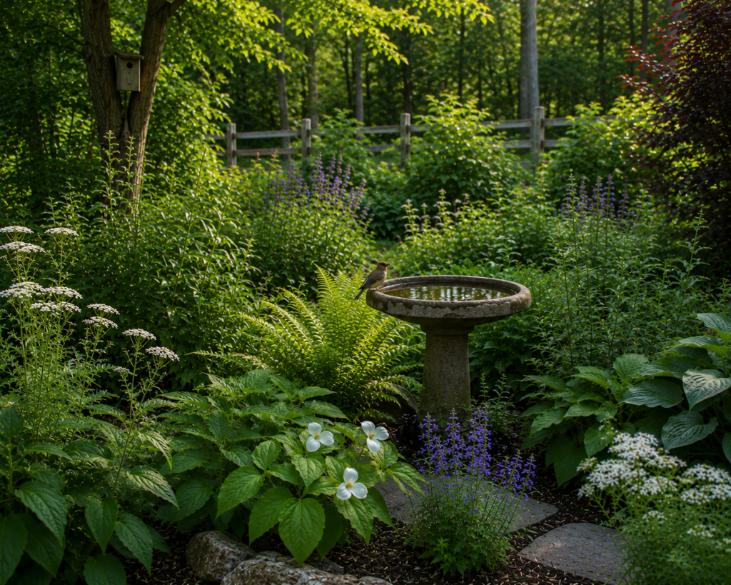 Native Northeastern native plant garden with birdbath