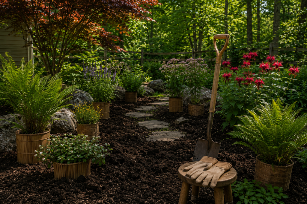 Getting started with native gardening with shovel, gloves, and potted plants