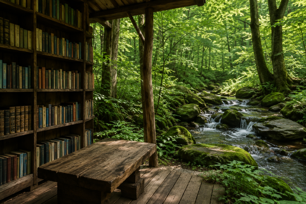 A library outdoors in the woods overlooking a peaceful forest stream and small waterfalls, representing the connection between reading and nature conservation.